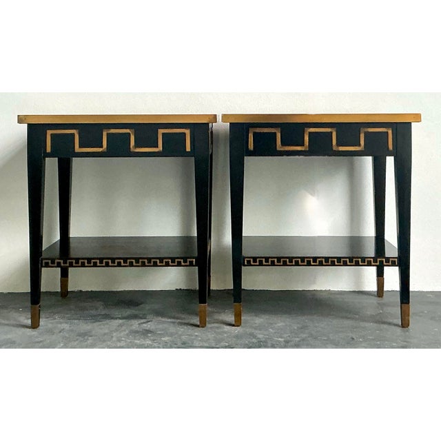 Black Vintage Regency Greek Key Brass Trim Side Tables - A Pair For Sale - Image 8 of 11
