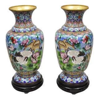 Vintage Chinese Cloisonné Porcelain Enamel Figural Crane and Deer Vase - A Pair For Sale
