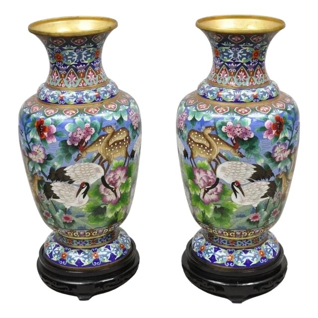 Vintage Chinese Cloisonné Porcelain Enamel Figural Crane and Deer Vase - A Pair For Sale