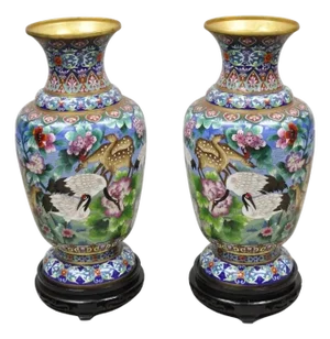Vintage Chinese Cloisonné Porcelain Enamel Figural Crane and Deer Vase - A Pair