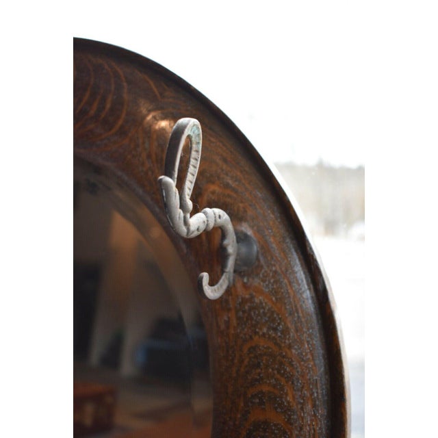 Antique Round Oak Wall Mirror With Hat Hooks Chairish