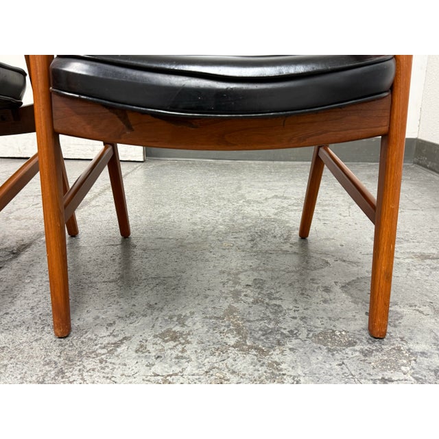 Mid Century Modern Walnut With Black Vinyl Arm Chairs, Pair For Sale - Image 9 of 12