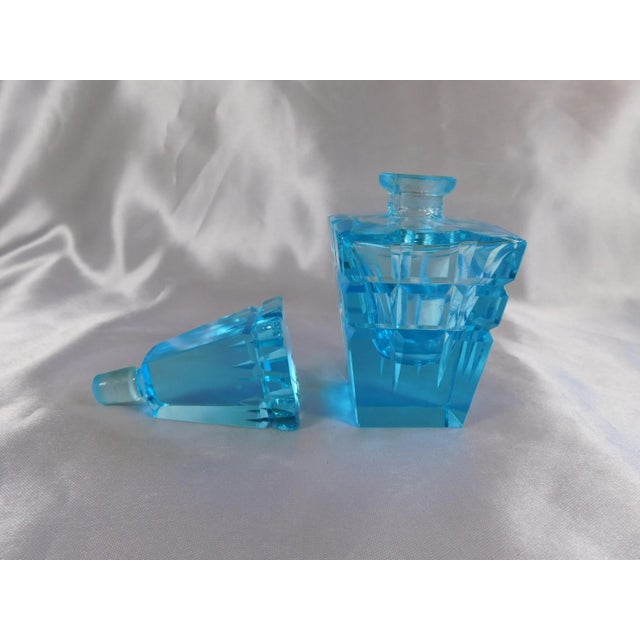 1990s Blue Cut Glass Perfume Bottle With Matching Stopper For Sale - Image 4 of 4