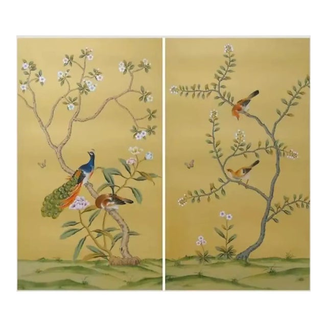 Unframed Chinoiserie Peacock Wallpaper Hand Painted Artworks - 2 Panels For Sale
