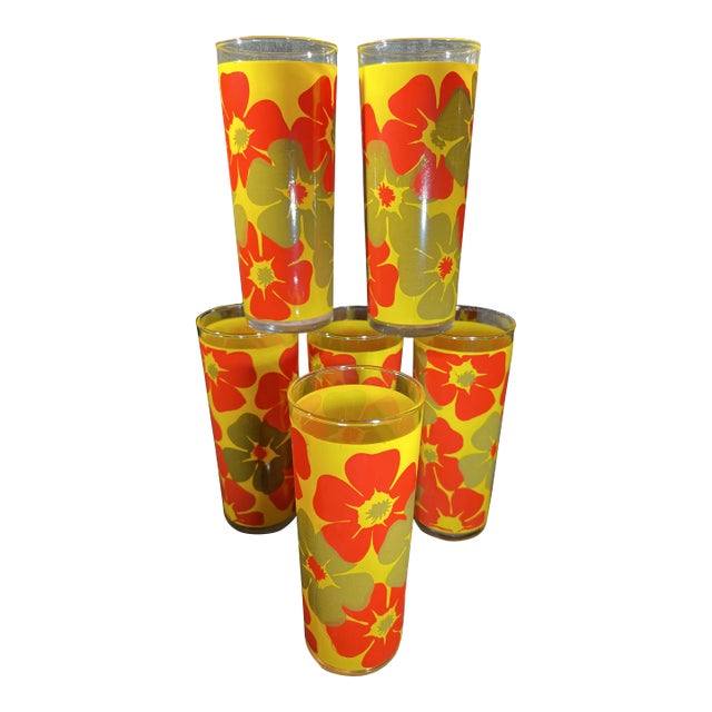 1960's Bright and Colorful Hibiscus Flowers Glassware Set- 6 Pieces For Sale