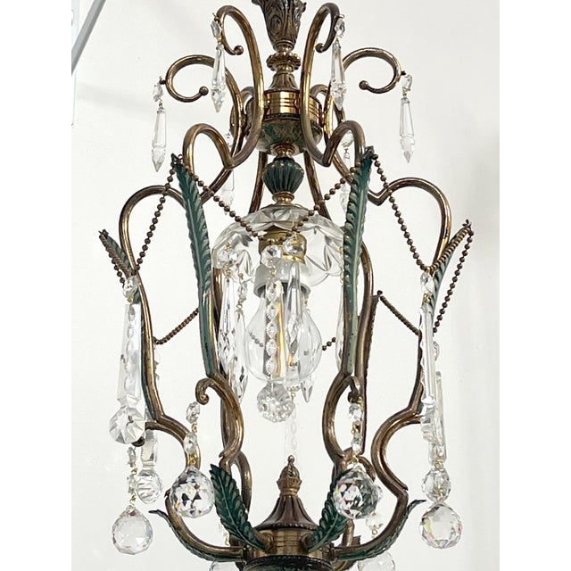 1950s Brass and Green Pendant Light with Cut Crystal Drops, Italy, 1950s For Sale - Image 5 of 17