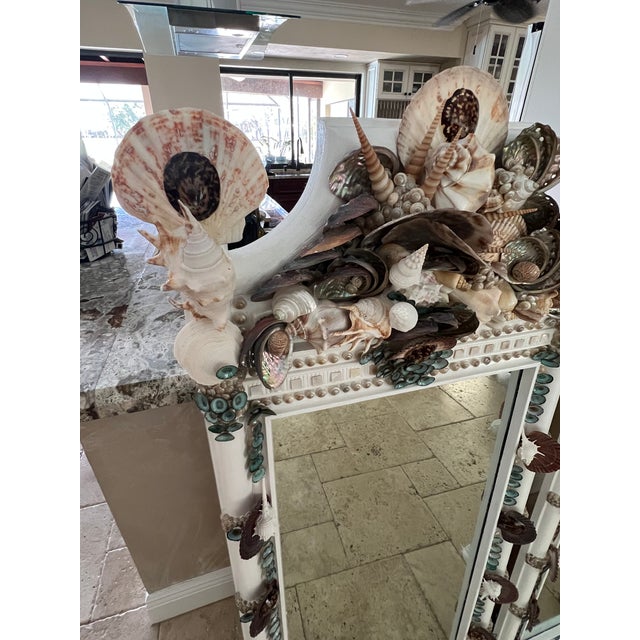 Alabaster Vintage 60’s Twin Faux Bamboo & Seashell Encrusted Wall Mirrors - Designed by Cheryl P. Kohloff For Sale - Image 8 of 18