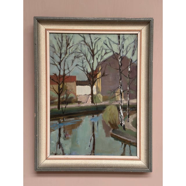 Original Swedish Oil on Canvas – “Landscape with Trees & Buildings” by Ingvar Björk – Signed & Dated 1948 – Vintage &...