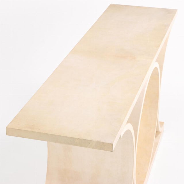 Contemporary Parchment-Covered Console Table With Circular Motif, in the Manner of Jean-Michel Frank. For Sale - Image 3 of 4