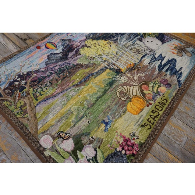 Textile 1940s Multicolor Scenic Winter Folk Art American Hooked Rug 3'2" X 3'10" Handknotted Wool Carpet For Sale - Image 7 of 10