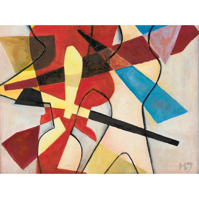 Metal Multicolor Abstract Cubist Oil Painting With Monogram Signature Mj For Sale - Image 7 of 14