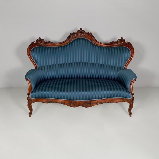 1930s Italian Louis XVI Style Wood and Blue Striped Fabric Sofa, 1930s For Sale - Image 5 of 11