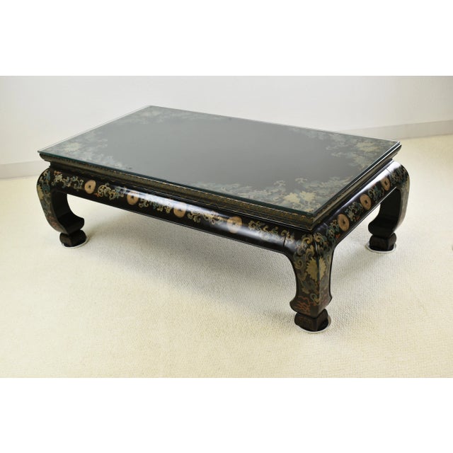 1960s John Widdicomb Mid-20th Century Ming-Styled Coffee Table With Tempered Glass Top Painted in Floral Design With Glided Wreath Detailing For Sale - Image 5 of 12