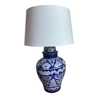 Mid 20th Century Mexican Blue and White Floral Amphora Lamp and Shade For Sale