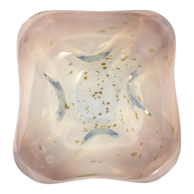 Italian Murano Art Glass Bowl White Opaline, Pink and Shimmering Gold Drops For Sale