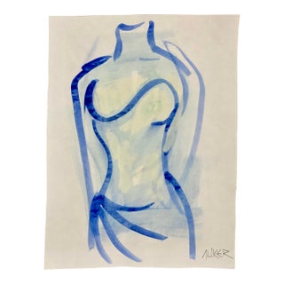 Contemporary Original Drawing by Auker, Blue Evening Gown For Sale