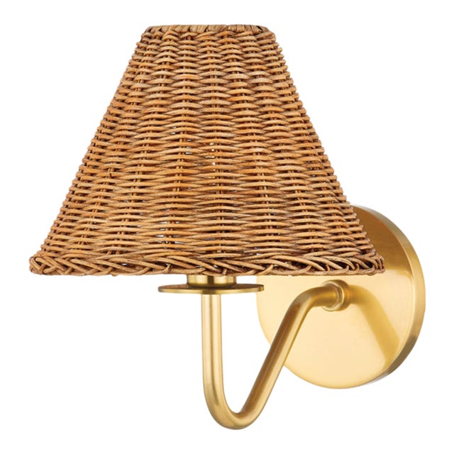 Mitzi Issa 1-Light Wall Sconce with Rattan Shade, Aged Brass For Sale