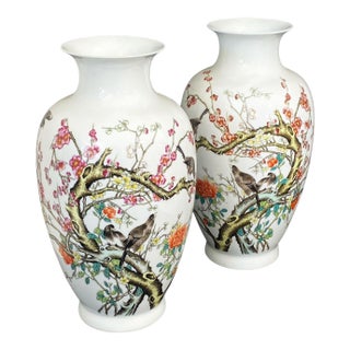 Chinoiserie Pair of Porcelain Egg Shell Spring Vases 14" H For Sale