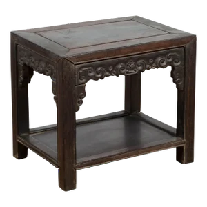Chinese Late Qing Dynasty 1900s Stool with Cloud-Carved Apron and Lower Shelf