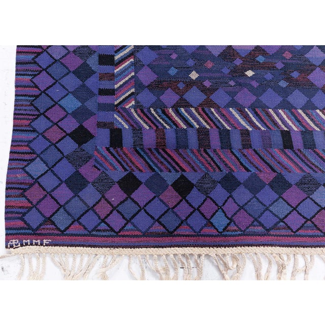 1940s Vintage Scandinavian Blue Flatweave Rug by Märta Måås-Fjetterström, AB MMF For Sale - Image 5 of 11