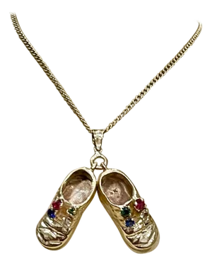 Pair of Shoe Charms with Precious Stone Pendant Necklace and Yellow Gold Chain