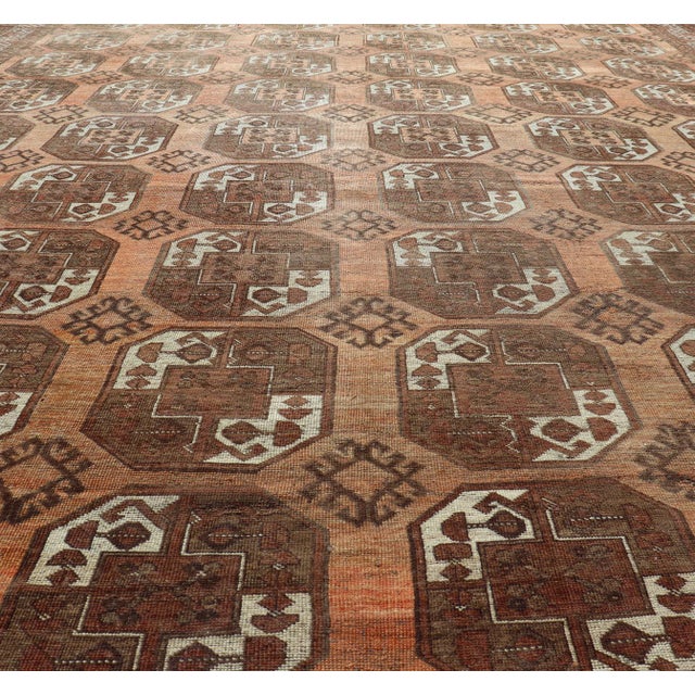 Orange Antique Turkomen Ersari Rug With Gul Design in Orange, Brown 9'7 X 12'10 For Sale - Image 8 of 16