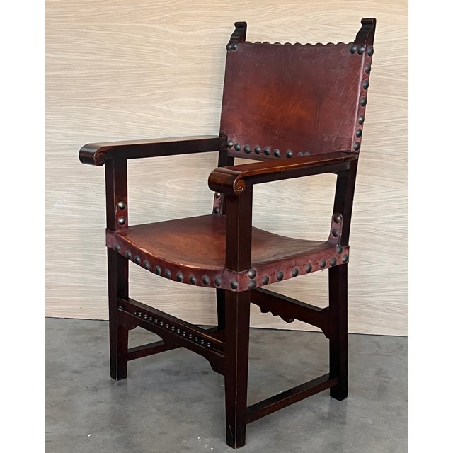 19th Century Spanish Colonial Altar Carved Armchair With Leather Seat and Back For Sale - Image 4 of 10