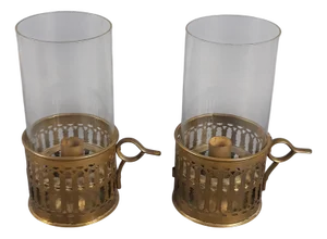Victorian Brass and Glass Candlesticks, Early 1900s, Set of 2