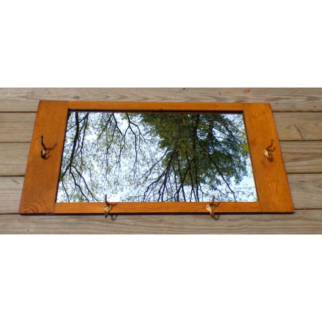 Mission Arts & Crafts Solid Oak Framed Entry Mirror Hat Coat Rack For Sale In Boston - Image 6 of 13