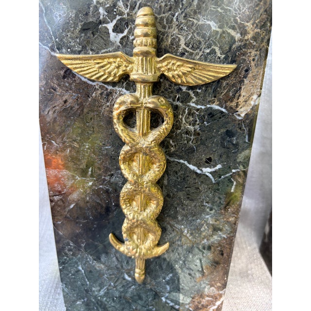 Traditional 1980s Heavy Medical Caduceus Brown Gray Italian Marble Bookends a Pair For Sale - Image 3 of 15