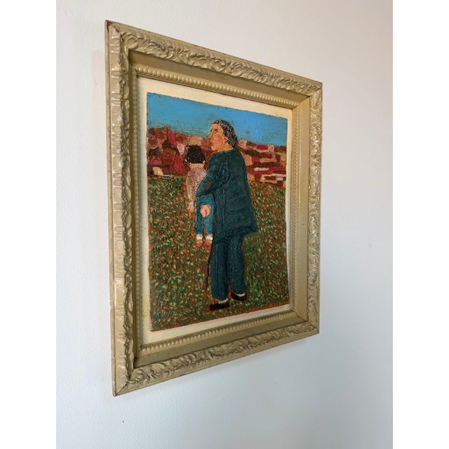 A striking 1970s vintage figurative abstract oil painting rendered in a bold heavy impasto technique, featuring a textured...