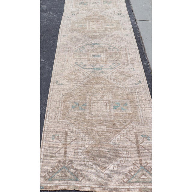Textile Long Vintage Turkish Oushak Runner With Soft Taupe, Sand, and Pale Teal For Sale - Image 7 of 14