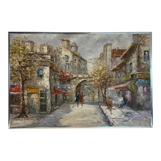 Louis Basset Paris Montmartre Street Scene Oil Painting, Café Terrace, Framed For Sale