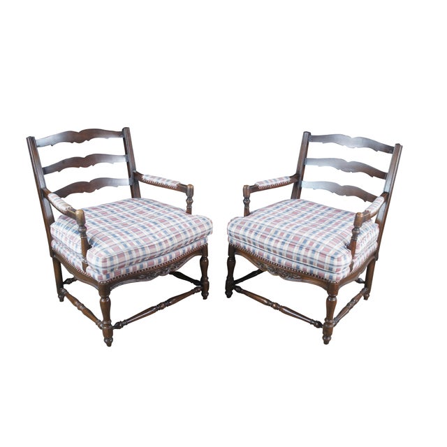Farmhouse Late 20th Century 2 French Country Walnut Plaid Fauteuil Nailhead Ladderback Club Lounge Armchairs For Sale - Image 3 of 12