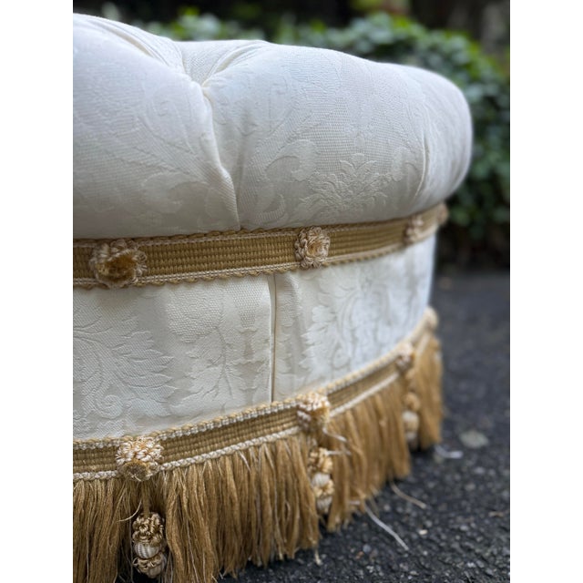 Traditional Traditional Round Upholstered Damask Tufted Ottoman For Sale - Image 3 of 8