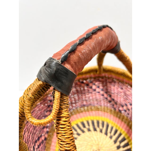 Pink Vintage Handwoven African Bolga Market Basket With Leather-Wrapped Handle For Sale - Image 8 of 9