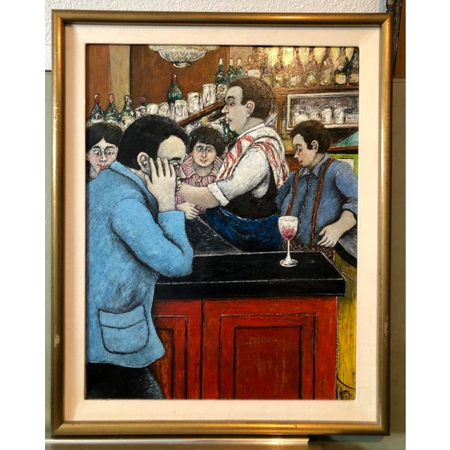 Textile David Azuz, Israeli French Folk Art Naive Oil Painting Wine Bar in Paris Colorful Fauvist, 1976 For Sale - Image 7 of 7