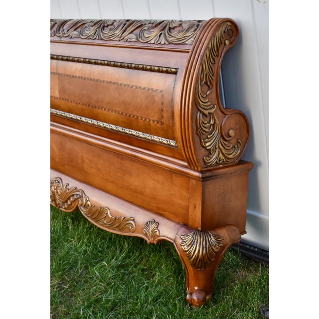 Legacy Pine Upholstered Sleigh Bed Carved and Inlaid Ornate Queen Frame For Sale In Philadelphia - Image 6 of 18