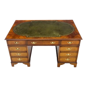 Large Embossed Green Leather Top Flame Mahogany Double Pedestal Federal Desk