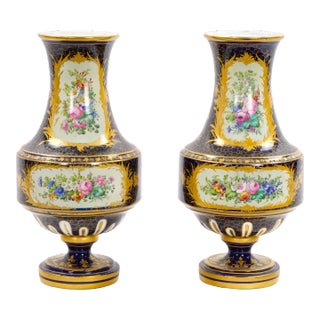 19th Century French Hand Painted Sevres Porcelain Pair Louis XV Style Vase For Sale