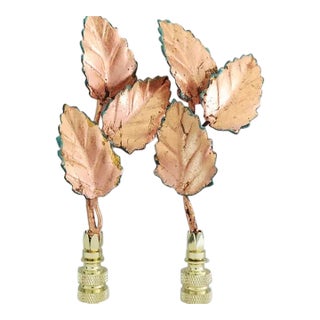 Patina Copper Leaf Vintage Italian Tole Leaf Lamp Finials, a Pair by C. Damien Fox For Sale