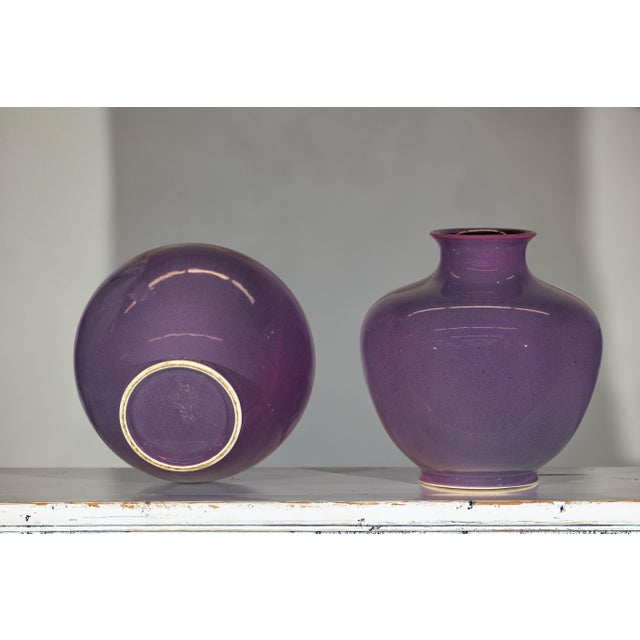 Pair of Purple Ceramic Vases with Glossy Finish and Rounded Bellies For Sale - Image 4 of 12