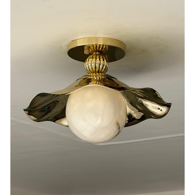 Wavy Brass Flush Mount Light With Alabaster Globe For Sale - Image 12 of 13