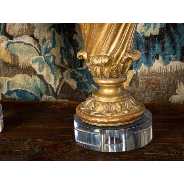 Gold 19th Century Italian Carved Giltwood Fragments Made into Lamps on Lucite - a Pair For Sale - Image 8 of 10