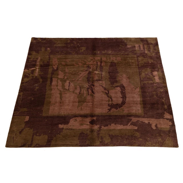 Taupe Abstract Figurative Modern Tibetan Rug in Wool and Silk, Earth Tones For Sale - Image 8 of 10
