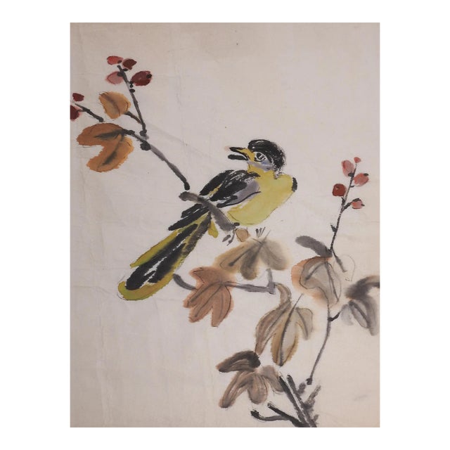 Vintage Asian Bird Watercolor Painting For Sale