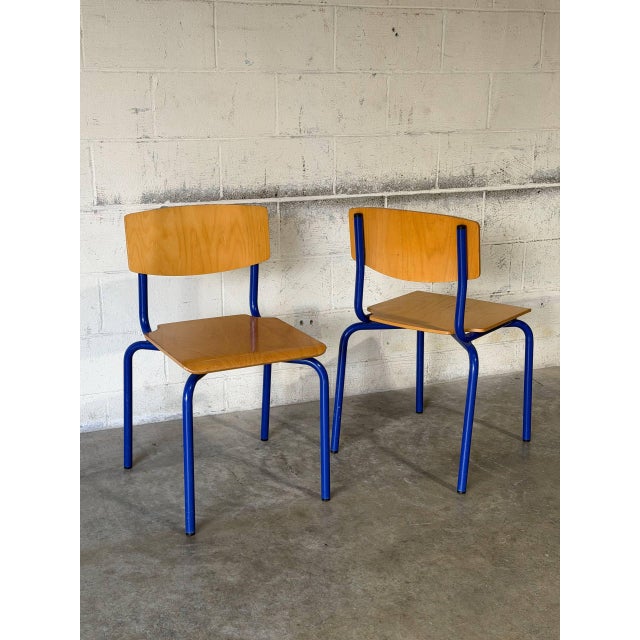 Blue Blue Tubular Steel Stacking Chairs Set of 2 European Vintage Mid-Century Modern 1970s For Sale - Image 8 of 11