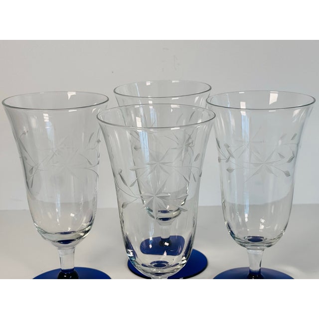 1960s Vintage 1960s Cobalt Footed & Floral Etched Clear Water Stems, Set of 4 For Sale - Image 5 of 5