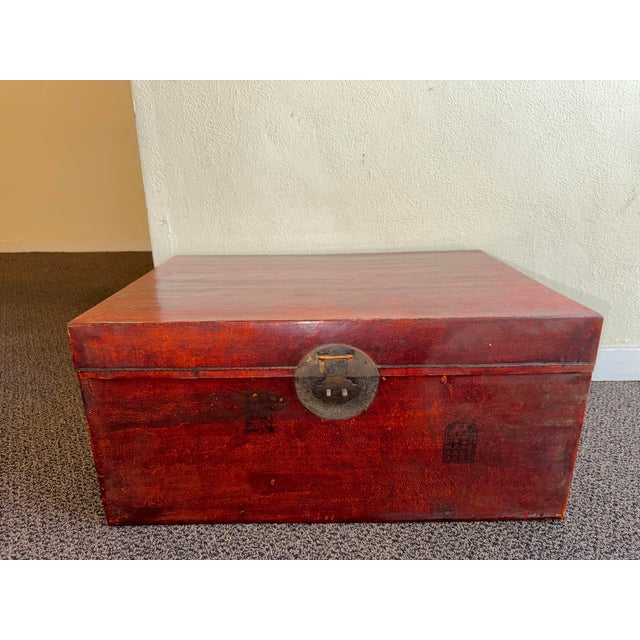 Antique Chinese Qing Era Red Leather Trunk or Coffee Table For Sale - Image 10 of 12