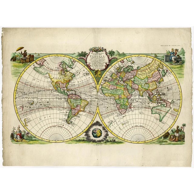Original Double Hemisphere World Map with Allegorical Figures, 1785 For Sale